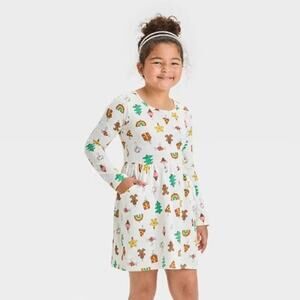 Cat & Jack NWT Girls' White Multi Print Long Sleeve Christmas Dress XS (4/5)
